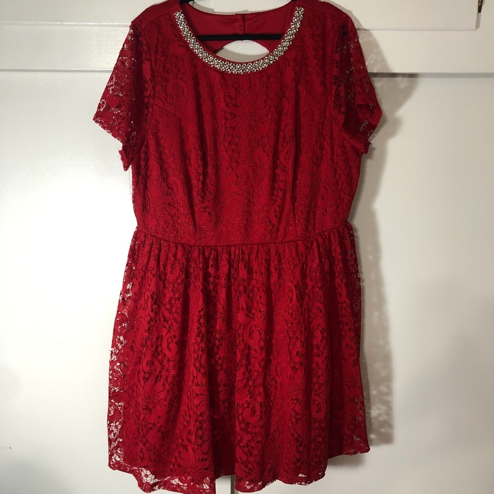 Trixxi Red Lace dress embellished neckline keyhole